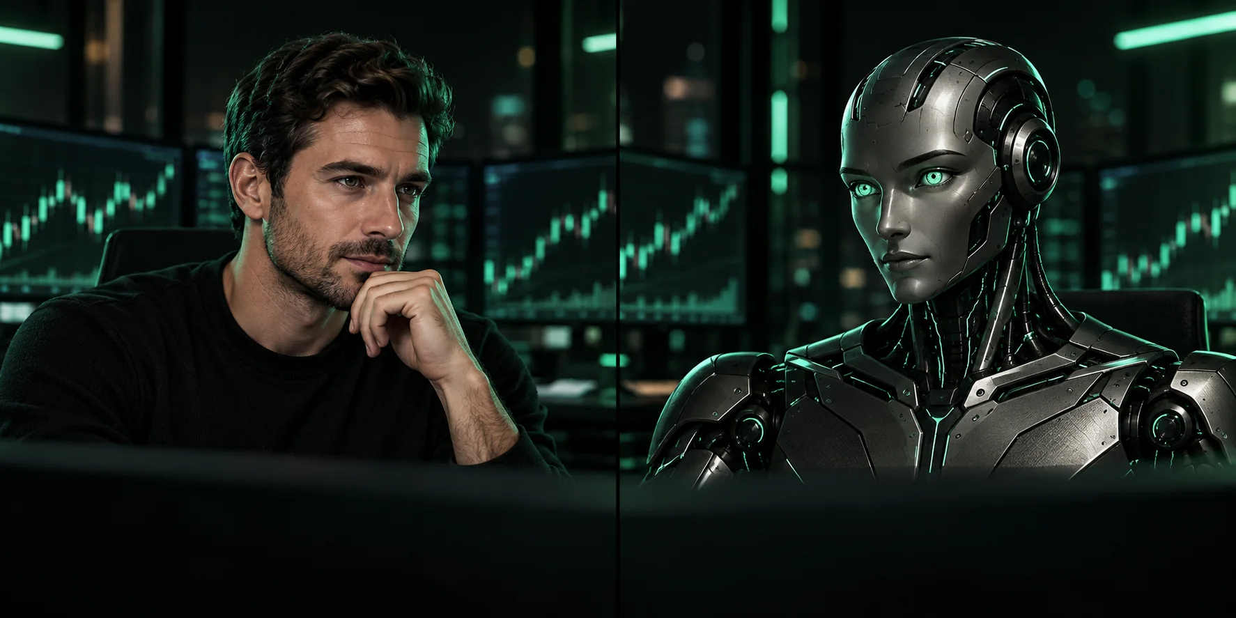 Illustration of a human trader beside a futuristic AI trading assistant
